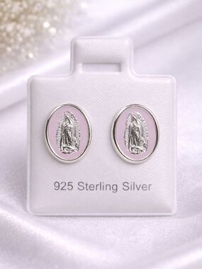 Virgin of Guadalupe Oval Stud Earrings 925 Sterling Silver Enamel Pink - 10mm